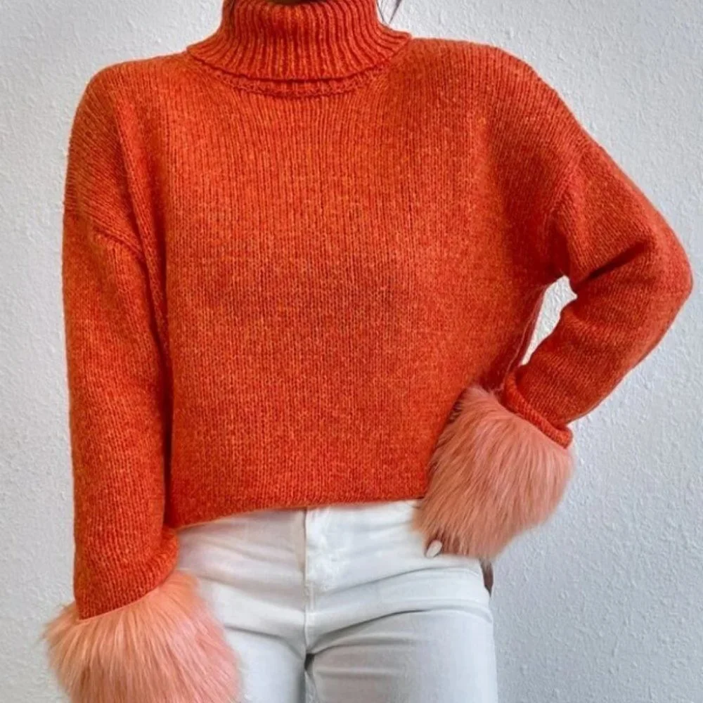 orange faux fur Cuff TurtleNeck Knit Sweater Top - Picture 5 of 6